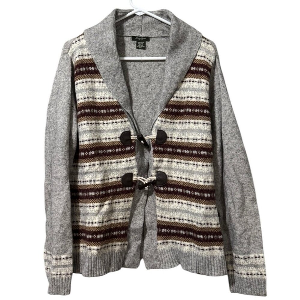 Eddie Bauer XXL Aztec Wool Blend Toggle Cardigan Sweater Cozy Country City VTG